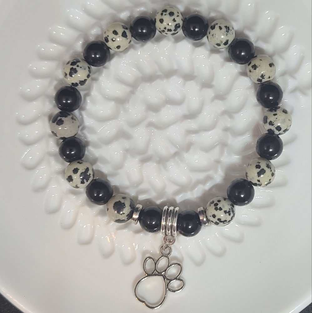 Dalmatian Jasper and Black Natural Stone Bead Stretch Bracelet with Paw Charm
